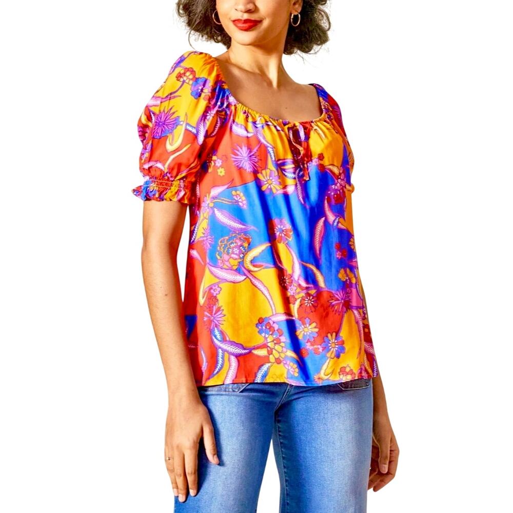 ModCloth In All My Vibrance Multicolor Tie Front Short Sleeve Peasant Top XL